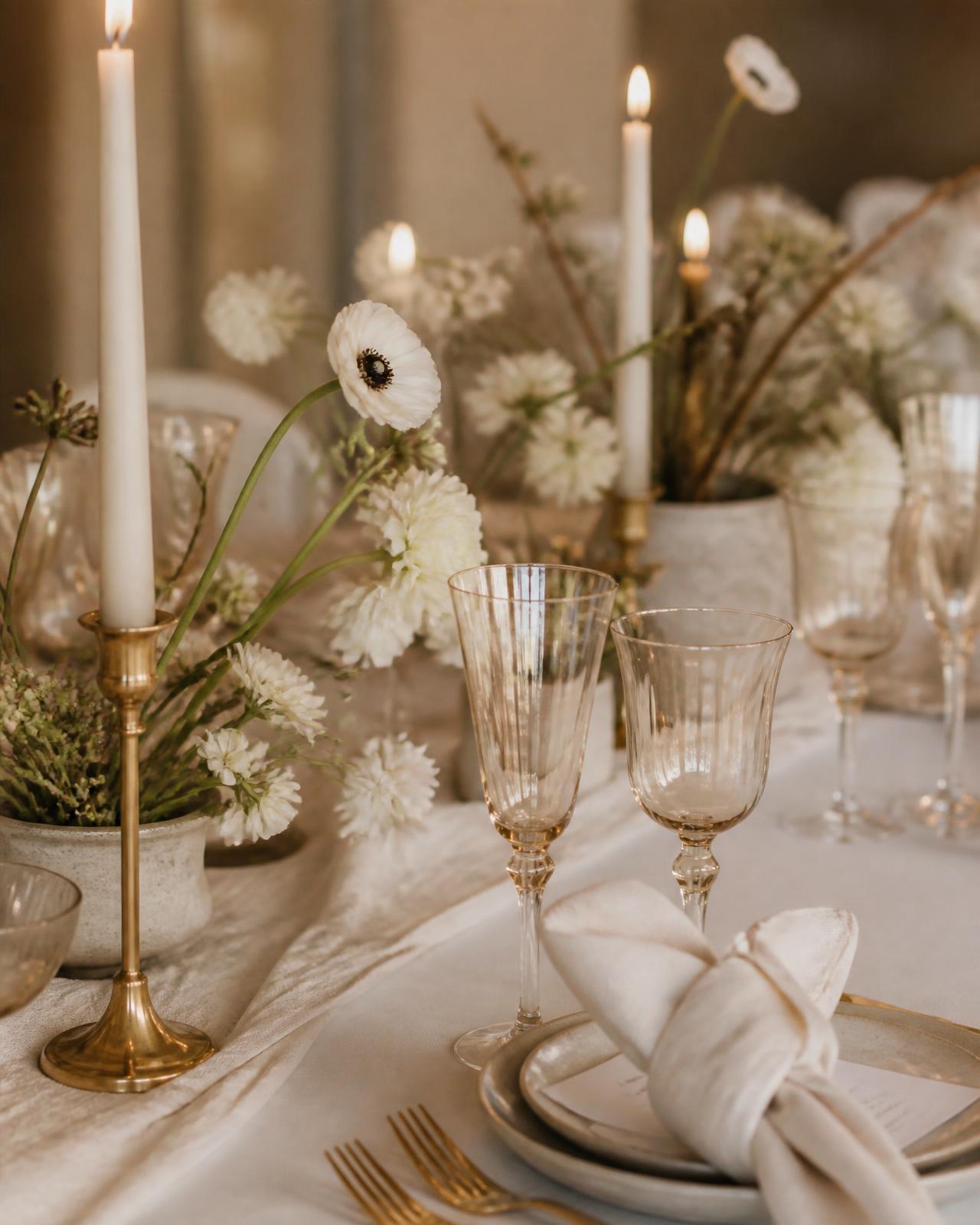 Elegant celebration table setting with brass candle holders and white florals