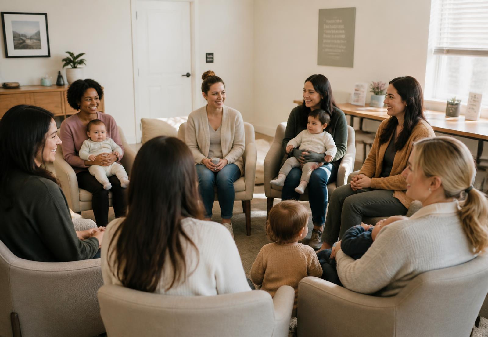 Mothers and babies seated in a circle during a warm community session